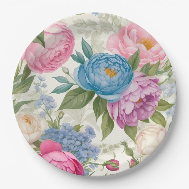 Plato De Papel Country Garden Rosas Y Peonies Floral (Anverso)
