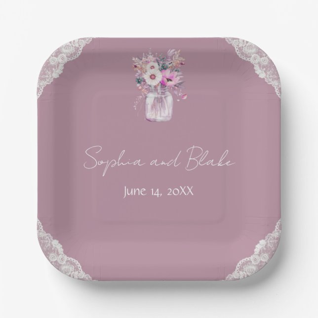 Plato De Papel Country Lace Mason Jar Boda Rosa (Anverso)