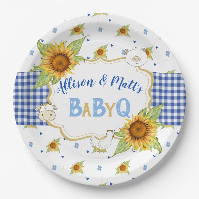 Plato De Papel Country Sunflower Blue Gingham Baby Q Barbeque (Anverso)