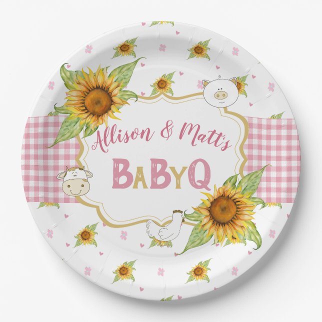 Plato De Papel Country Sunflower Pink Gingham Baby Q Barbeque (Anverso)
