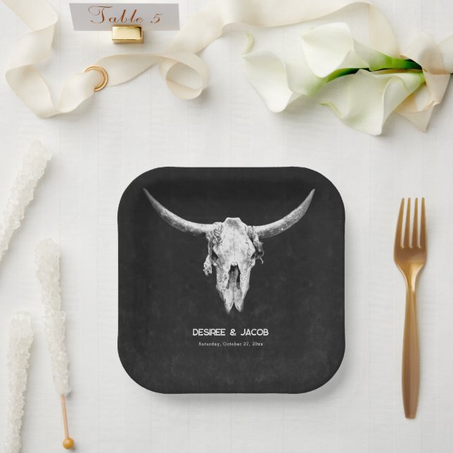 Plato De Papel Country Western Black And White Bull Skull (Boda)