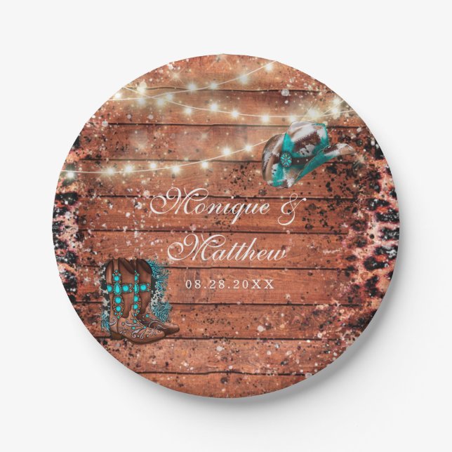 Plato De Papel Country Western Lights Boots Gorra Boda (Anverso)