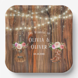 Plato De Papel Country Western Wood Lights Violin Boda