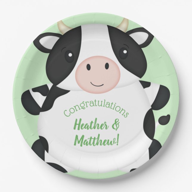 Plato De Papel Cow Baby Shower Green (Anverso)