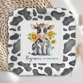 Plato De Papel Cow Cow Sunflower Moderno Granja Animal 1º cumplea