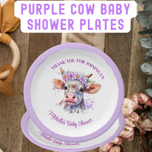 Plato De Papel Cow Floral Purple Baby Shower