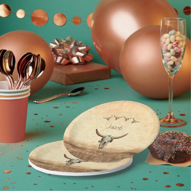 Plato De Papel Cow Skull Brown País Occidental Estilo Rústico (Multi)