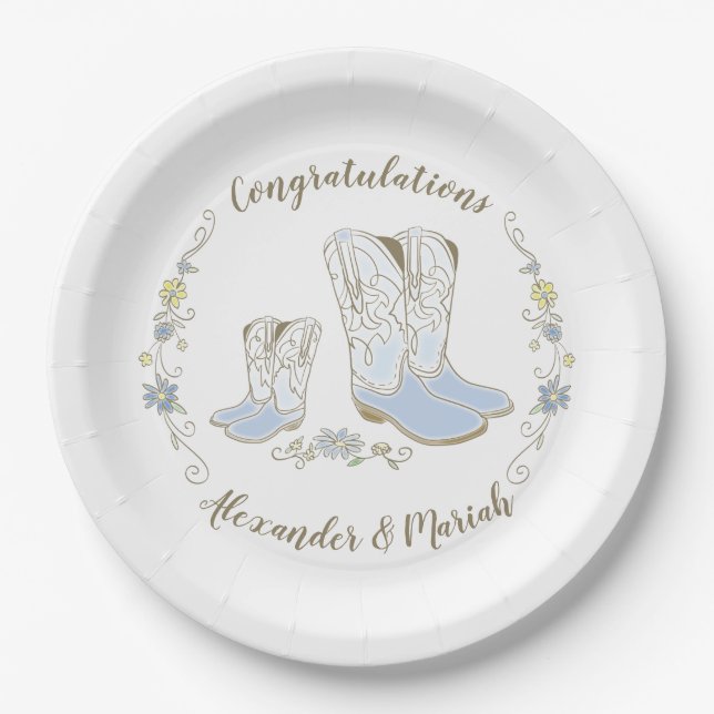 Plato De Papel Cowboy Baby Shower Country Western Blue Boy (Anverso)