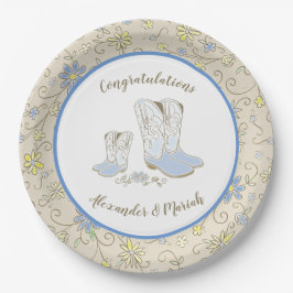 Plato De Papel Cowboy Baby Shower Country Western Blue Boy