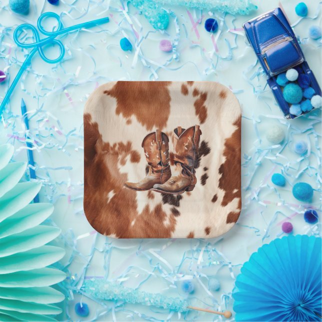 Plato De Papel Cowboy Boots de Cream Marrón Occidental (Fiesta)
