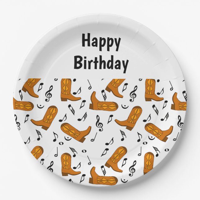 Plato De Papel Cowboy Boots Music Notes Birday (Anverso)