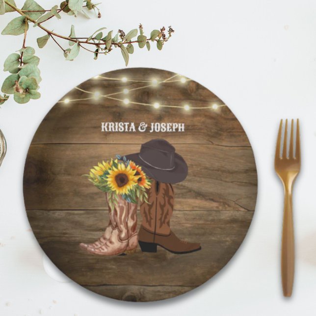 Plato De Papel Cowboy Boots Sunflower Western Wedding Favor (Cowboy Boots Sunflower Western Wedding Favor Paper Plates)