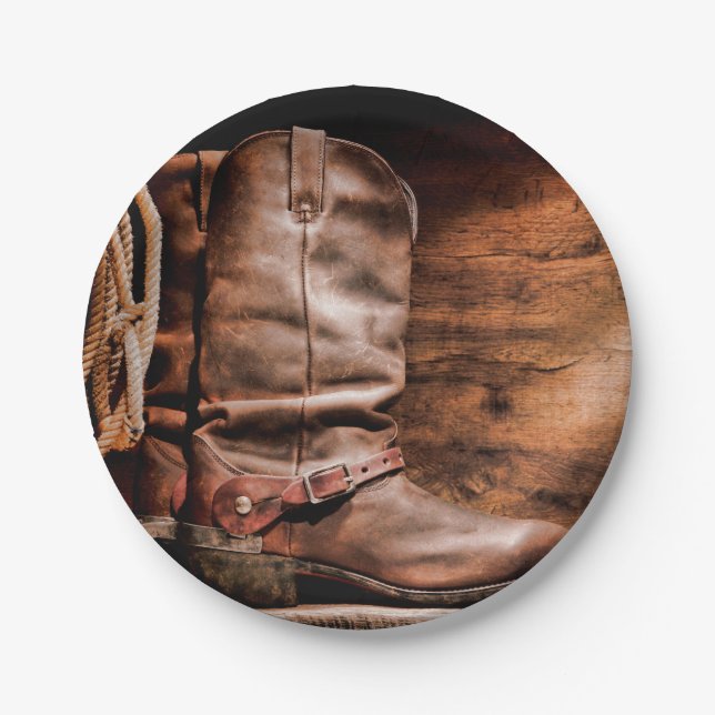 Plato De Papel Cowboy de 7" con placa de papel redonda bota de ma (Anverso)