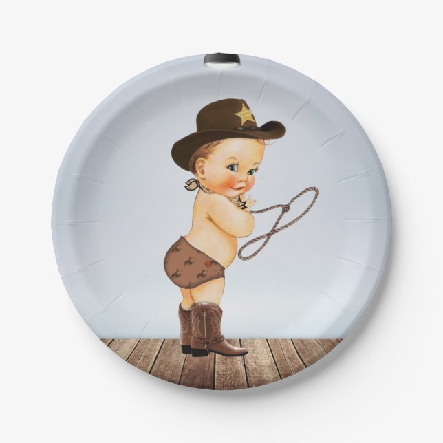 Plato De Papel Cowboy de camino a Baby Shower (Anverso)