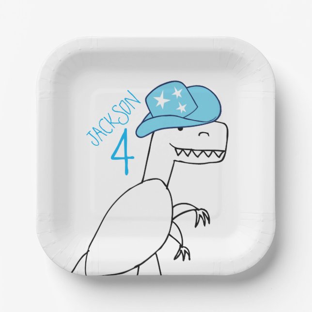Plato De Papel Cowboy divertida Trex Dinosaur Kids Cumpleaños (Anverso)