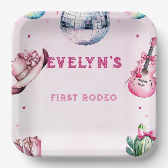 Plato De Papel Cowboy Fiesta Cactus, guitarra rosa, cumpleaños (Anverso)