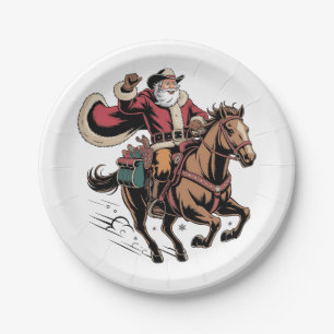 Plato De Papel Cowboy Santa Claus montando a caballo Navidad 