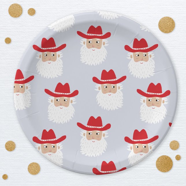 Plato De Papel Cowboy Santa Claus Western Christmas Blue (Fun Cowboy Santa Claus Western Holidays Christmas party paper plate)