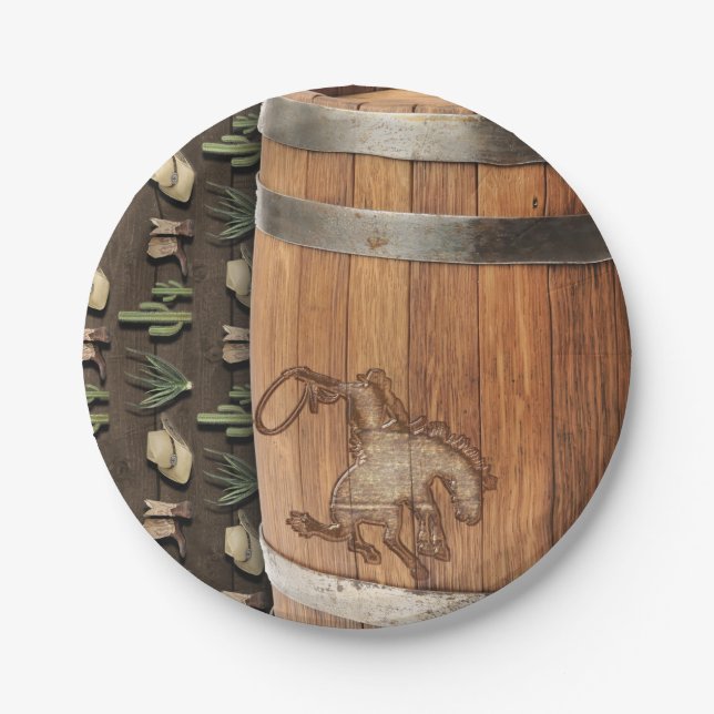 Plato De Papel Cowboy Western Rodeo Wooden Barrel Birday Party (Anverso)