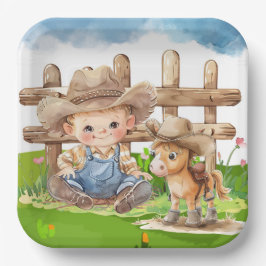 Plato De Papel Cowboy y un pony Horse Boy Baby Shower