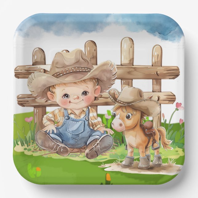 Plato De Papel Cowboy y un pony Horse Boy Baby Shower (Anverso)