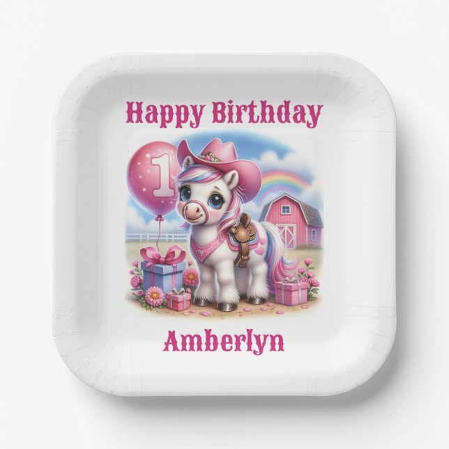Plato De Papel Cowgirl Pony, cumpleaños de un año (Anverso)