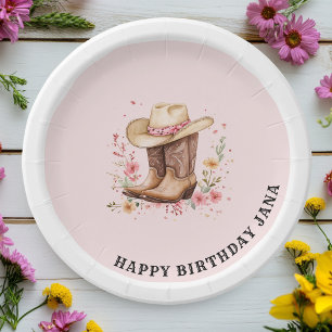 Plato De Papel Cowgirl Wildflowers Bash Birday Occidental rosa