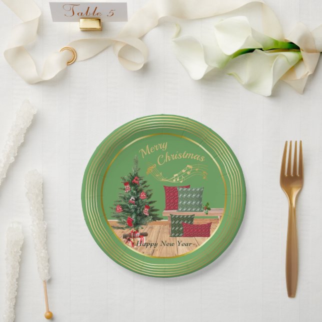 Plato De Papel Cozy Bench Merry Christmas Paper Plate (Boda)