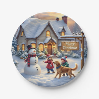 Plato De Papel Cozy Christmas Snow Scene Art