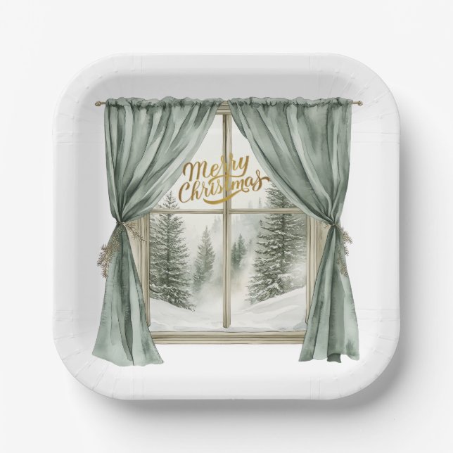 Plato De Papel Cozy Merry Christmas Paper Plate  Winter Window (Anverso)