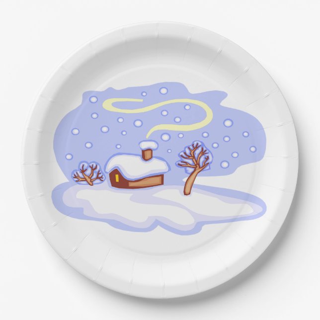 Plato De Papel Cozy Winter Cabin in Snow Frosty Landscape (Anverso)