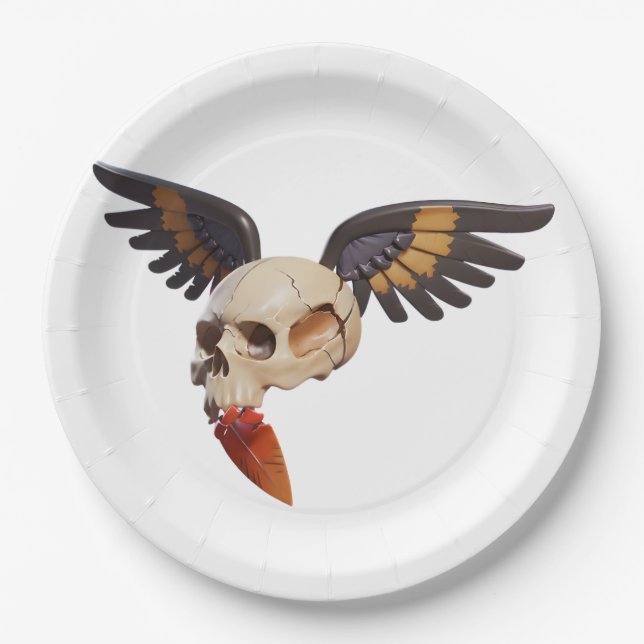 Plato De Papel Cracked Skull with Wings and Feather (Anverso)