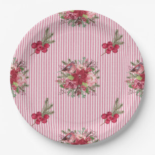 Plato De Papel Cranberry Poinsettia Bird Floral Stripe