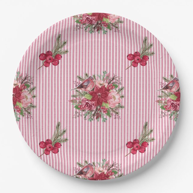 Plato De Papel Cranberry Poinsettia Bird Floral Stripe (Anverso)