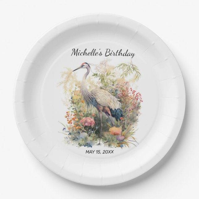 Plato De Papel Crane Bird deja Foliage Floral Birday (Anverso)