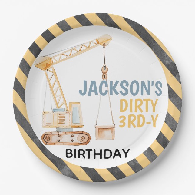 Plato De Papel Crane Construction Dirty 3rdy Birthday Plate (Anverso)