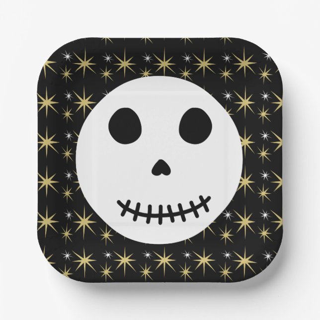 Plato De Papel Cráneo de Halloween negro moderno (Anverso)