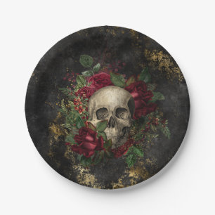 Plato De Papel Cráneo entre Grunge gótico de los rosas