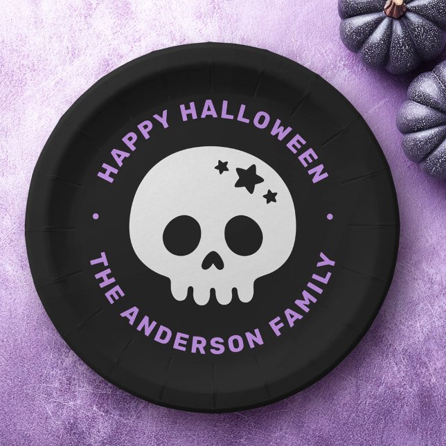 Plato De Papel Cráneo lindo con estrellas morado negro Feliz Hall (Cute skull with stars black purple Happy Halloween Paper Plates)