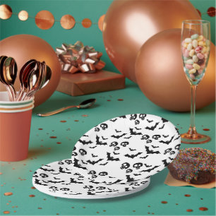 Plato De Papel cráneo negro y murciélagos temible y divertido