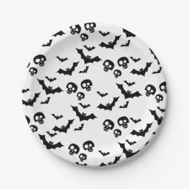 Plato De Papel cráneo negro y murciélagos temible y divertido