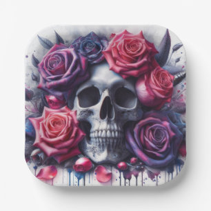 Plato De Papel Cráneo rodeado de vibrantes Rosas