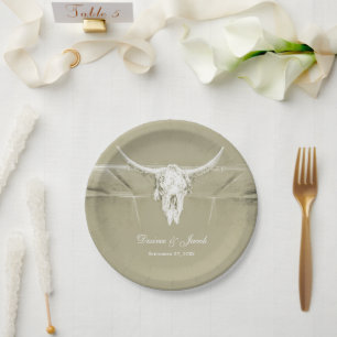 Plato De Papel Cráneo Rústico Verde Blanco Oeste de vaca