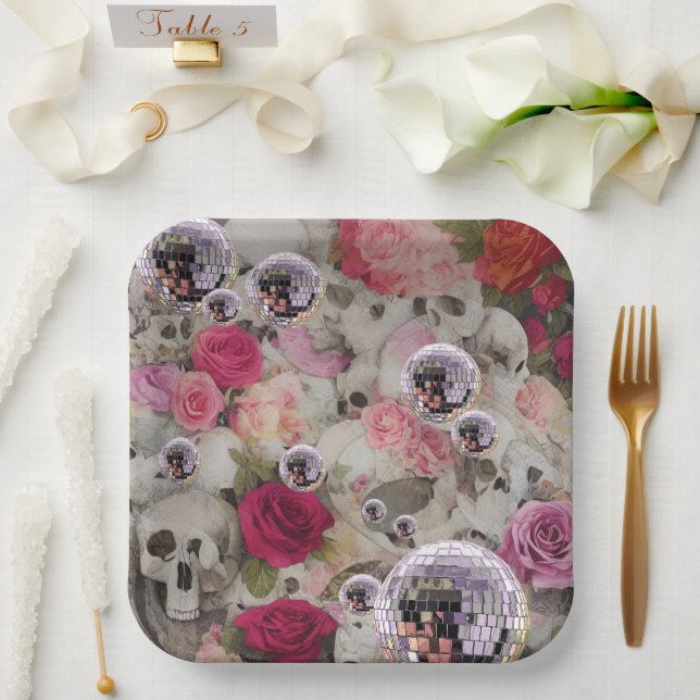 Plato De Papel Cránulos de bola y Rosas (Boda)