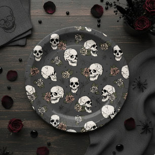 Plato De Papel Cránulos góticos oscuros y Rosas Halloween