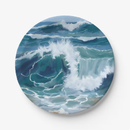 Plato De Papel Crashing Ocean Waves | Coastal Blue Watercolor