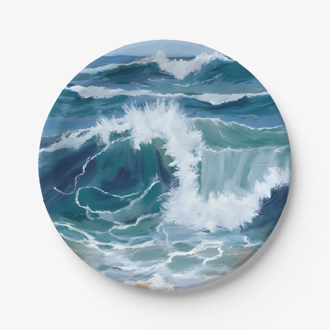 Plato De Papel Crashing Ocean Waves | Coastal Blue Watercolor (Anverso)