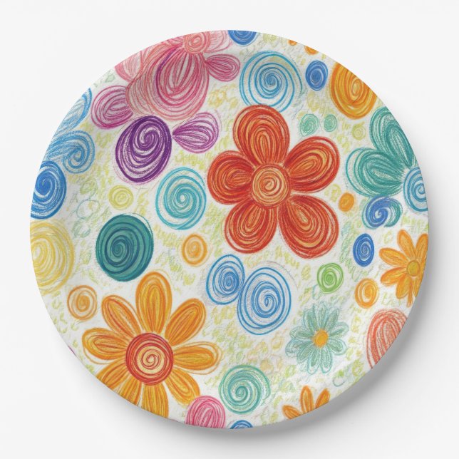 Plato De Papel Crayon Doodle Daisy Design (Anverso)