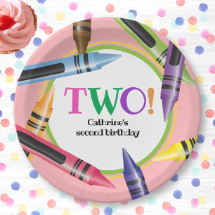 Plato De Papel Crayon DOS Fiestas de cumpleaños Girly Pink Green