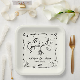 Plato De Papel Cream Black Hand Drawn Doodles Graduation Quirky